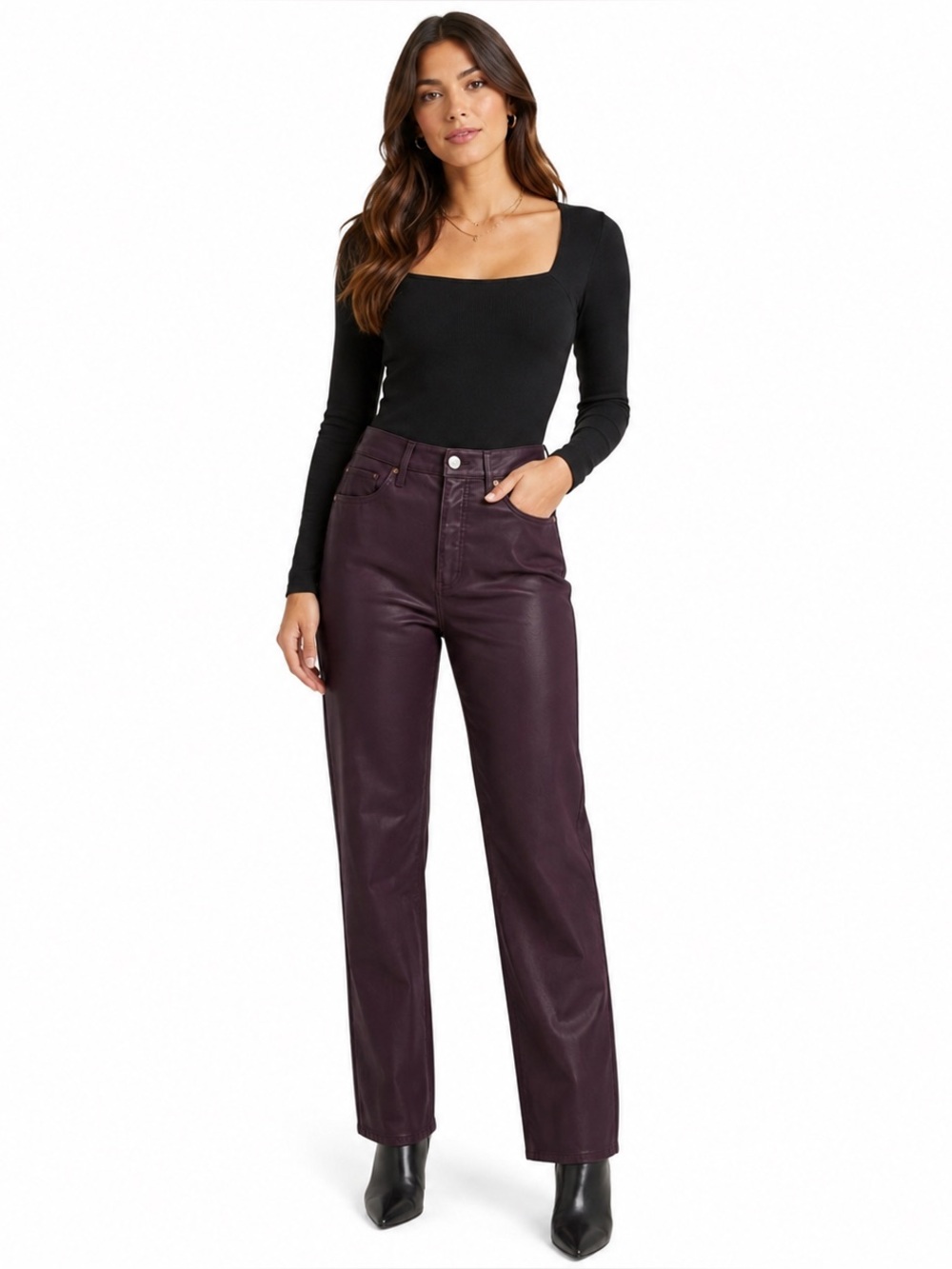 Express Modern Straight Super High Rise Coated Pants Burgundy Women’s Size 8
